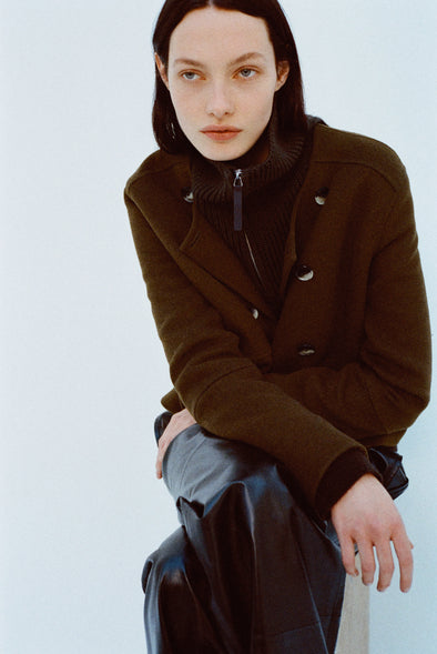 Image of model wearing Courtney Jacket in Double Face Wool in Fatigue on a white background