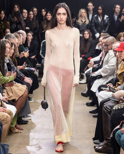 Image of model walking in Proenza Schouler Fall Winter 2024 Runway Show wearing Anneliese Dress in Organza Knit in resin