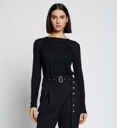 Front cropped image of model wearing Solid Tissue Jersey Long Sleeve Tee in Black