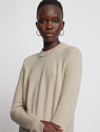 Detail image of model wearing Eco Cashmere Sweater in OATMEAL