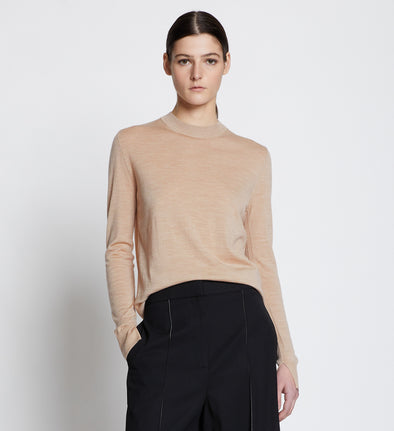 Front cropped image of model wearing Eco Superfine Merino Sweater in BEIGE