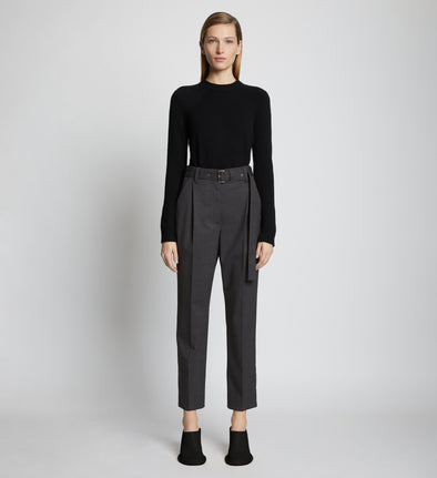Front full length image of model wearing Upcycled Wool Carrot Pants in CHARCOAL