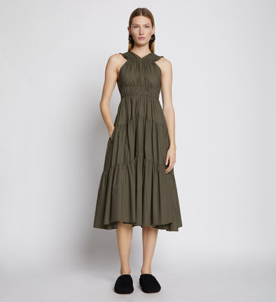 Front full length image of model wearing Poplin Gathered Tiered Dress in MILITARY