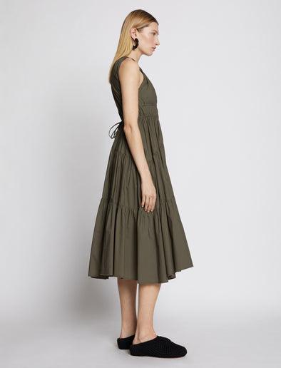 Side full length image of model wearing Poplin Gathered Tiered Dress in MILITARY