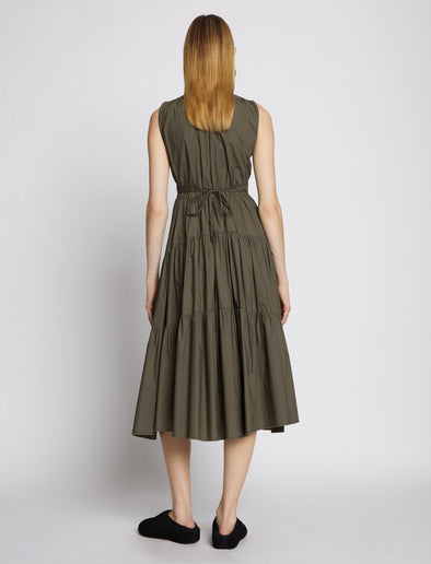 Back full length image of model wearing Poplin Gathered Tiered Dress in MILITARY