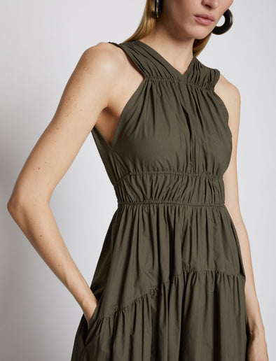 Detail image of model wearing Poplin Gathered Tiered Dress in MILITARY