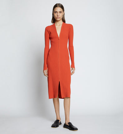 Front full length image of model wearing Rib Knit Zip Cardigan Dress in BRIGHT ORANGE