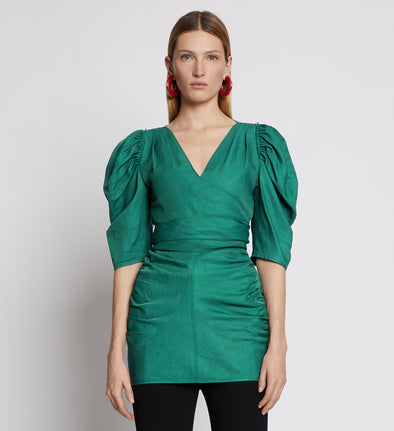 Front cropped image of model wearing Linen Viscose Shirred Sleeve Top in BRIGHT GREEN