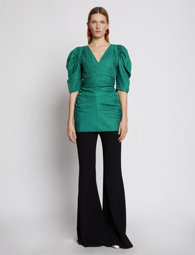 Front full length image of model wearing Linen Viscose Shirred Sleeve Top in BRIGHT GREEN