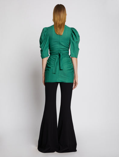 Back full length image of model wearing Linen Viscose Shirred Sleeve Top in BRIGHT GREEN