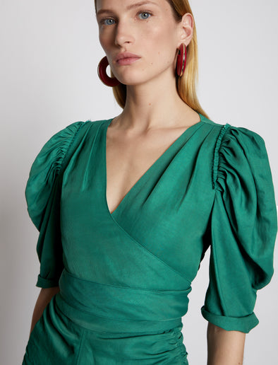 Detail image of model wearing Linen Viscose Shirred Sleeve Top in BRIGHT GREEN