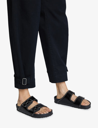 Proenza Schouler image of model wearing Arizona PS EXQ NL Black Birkenstock collaboration in black