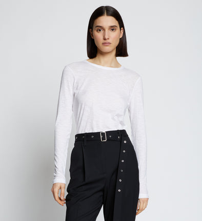 Front cropped image of model wearing Solid Tissue Jersey Long Sleeve Tee in WHITE