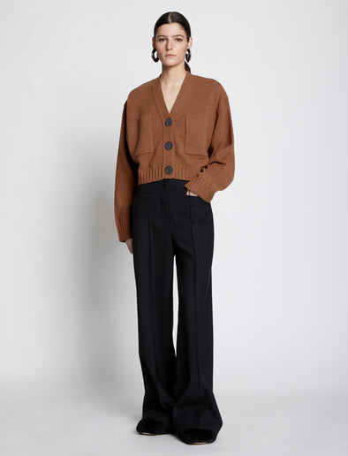 Front full length image of model wearing Eco Cashmere Cardigan in SADDLE