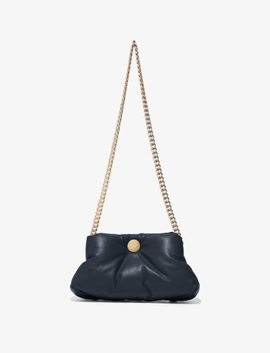 Front image of Small Puffy Chain Tobo Bag in DARK NAVY with strap extended