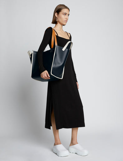 Front image of XL Mercer Leather Tote in BLACK with handles down