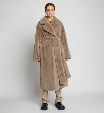 Front cropped image of model wearing Faux Fur Belted Coat in TAUPE