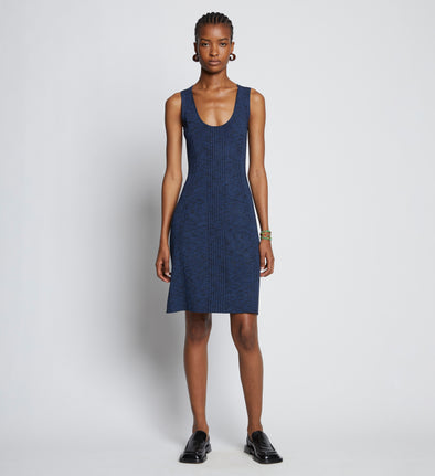 Front full length image of model wearing Melange Rib Tank Dress in BLUE/BLACK
