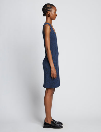 Side full length image of model wearing Melange Rib Tank Dress in BLUE/BLACK