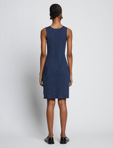 Back full length image of model wearing Melange Rib Tank Dress in BLUE/BLACK