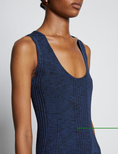 Detail image of model wearing Melange Rib Tank Dress in BLUE/BLACK