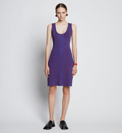 Front full length image of model wearing Melange Rib Tank Dress in RED/BLUE