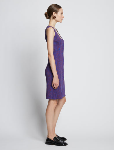 Side full length image of model wearing Melange Rib Tank Dress in RED/BLUE