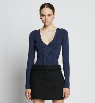 Front cropped image of model wearing Melange Rib V-Neck Top in BLUE/BLACK