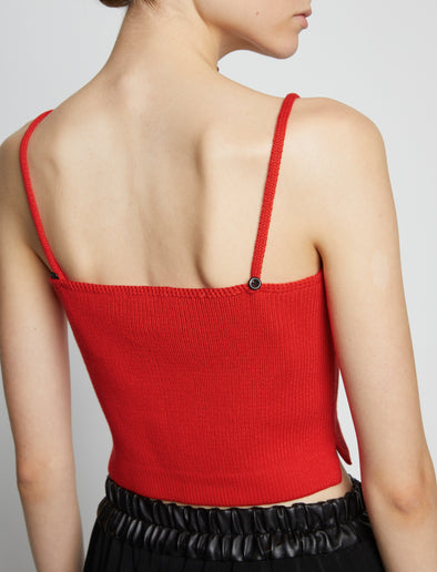 Detail image of model wearing Cotton Cashmere Tank Top in POPPY