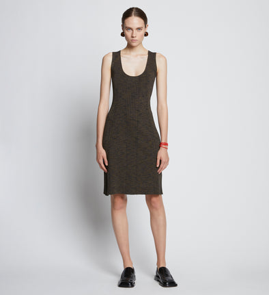 Front full length image of model wearing Melange Rib Tank Dress in CAMEL/BLACK