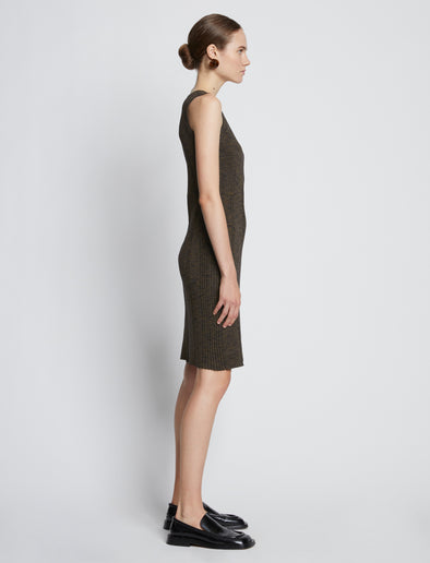 Side full length image of model wearing Melange Rib Tank Dress in CAMEL/BLACK