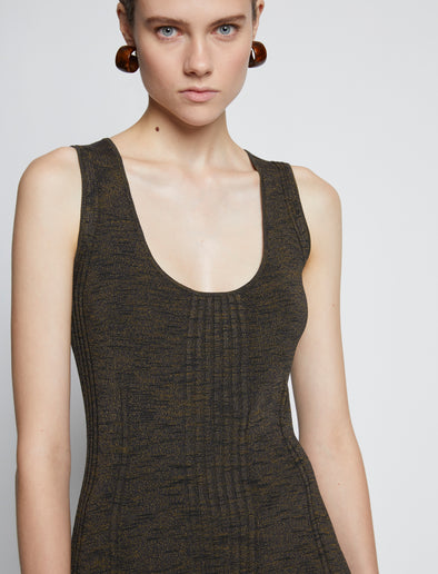 Detail image of model wearing Melange Rib Tank Dress in CAMEL/BLACK