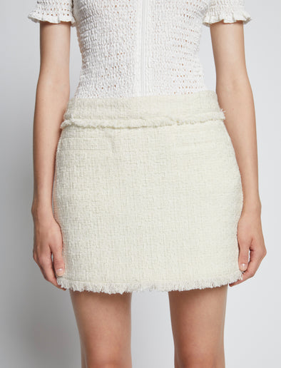 Detail image of model wearing Tweed Mini Skirt in OFF WHITE