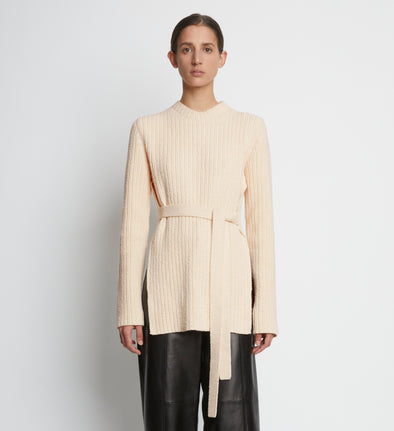 Front cropped image of model wearing Compact Boucle Tie Sweater in ECRU
