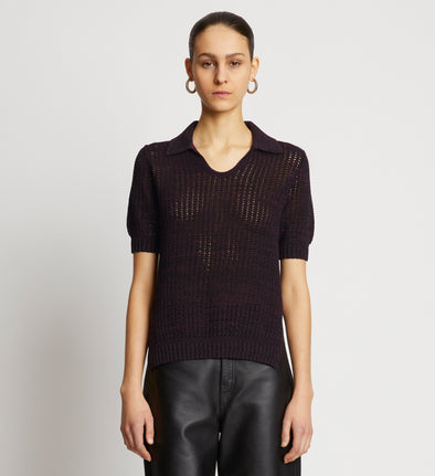 Front cropped image of model wearing Cotton Silk Pique Polo Top in BLACK/PLUM