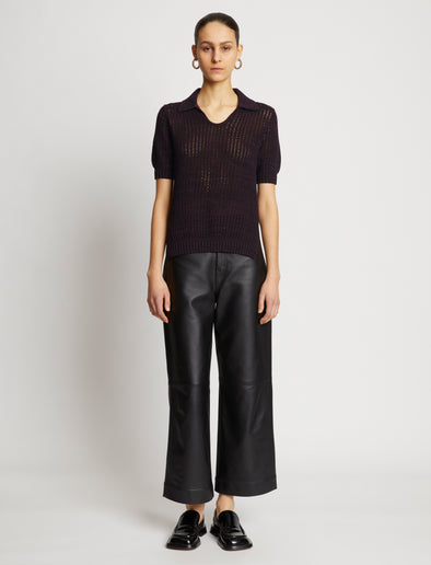 Front full length image of model wearing Cotton Silk Pique Polo Top in BLACK/PLUM