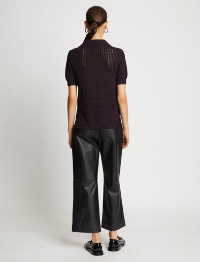 Back full length image of model wearing Cotton Silk Pique Polo Top in BLACK/PLUM