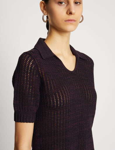 Detail image of model wearing Cotton Silk Pique Polo Top in BLACK/PLUM