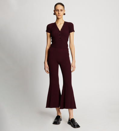 Front full length image of model wearing Rib Knit Pants in PLUM