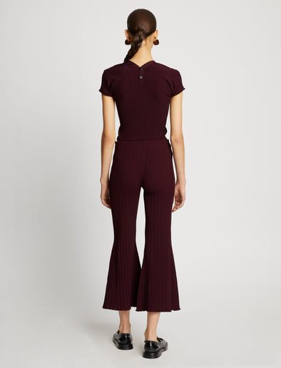 Back full length image of model wearing Rib Knit Pants in PLUM