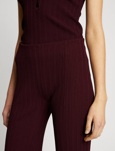 Detail image of model wearing Rib Knit Pants in PLUM