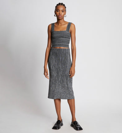 Front full length image of model wearing Melange Knit Midi Skirt in BLACK/WHITE