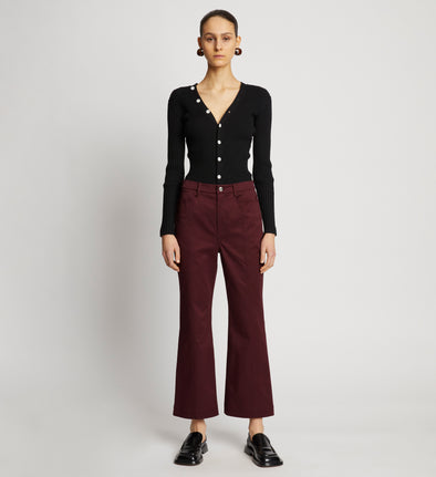 Front full length image of model wearing Cotton Twill Cropped Pants in PLUM