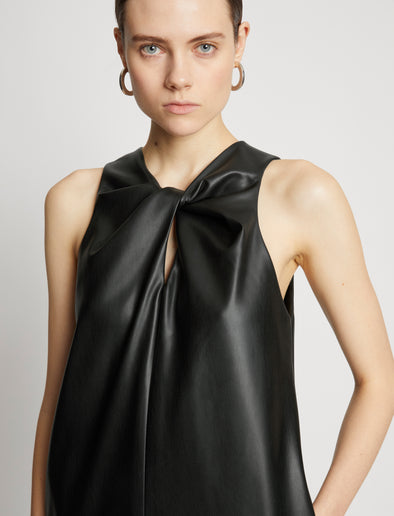 Detail image of model wearing Faux Leather Sleeveless Dress in BLACK