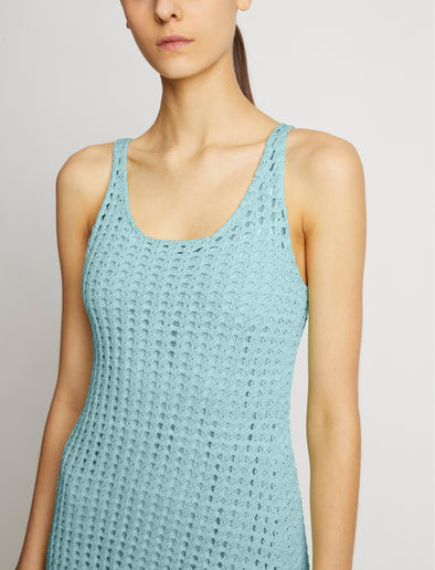 Detail image of model wearing Open Knit Dress in PALE BLUE
