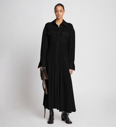 Front full length image of model wearing Pleated Matte Jersey Shirt Dress in BLACK