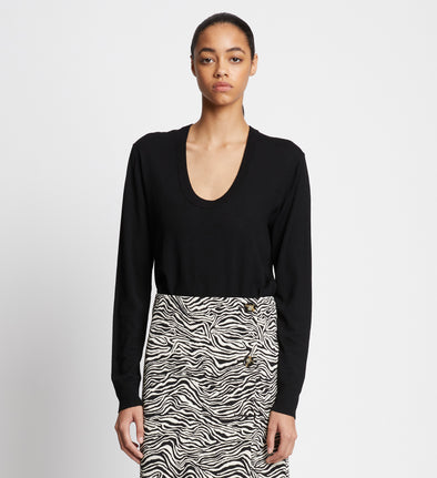 Front cropped image of model wearing Eco Superfine Merino Scoop Neck Sweater in BLACK