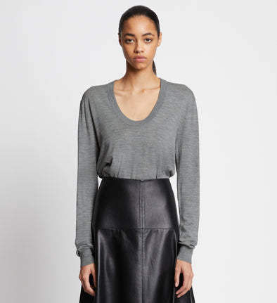 Front cropped image of model wearing Eco Superfine Merino Scoop Neck Sweater
in GREY MELANGE