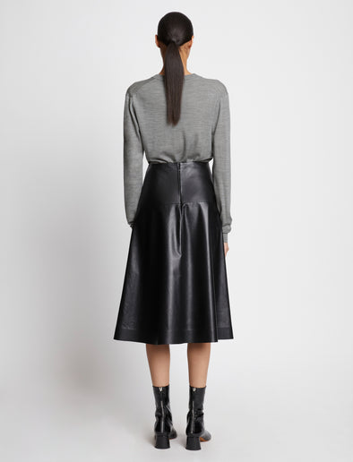 Back full length image of model wearing Eco Superfine Merino Scoop Neck Sweater
in GREY MELANGE