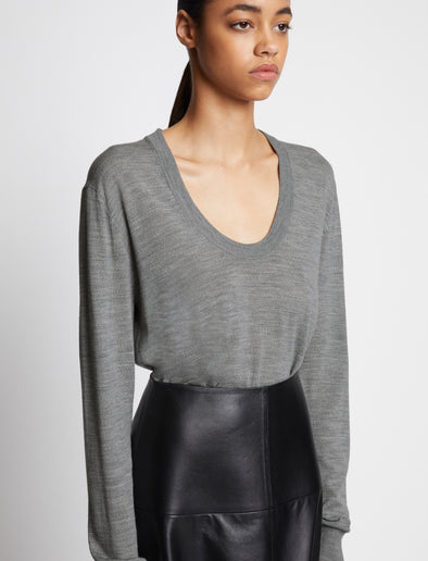 Detail image of model wearing Eco Superfine Merino Scoop Neck Sweater
in GREY MELANGE